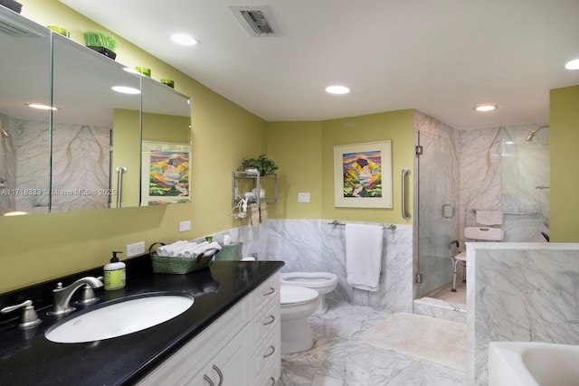 full bathroom with vanity, separate shower and tub, a bidet, tile walls, and toilet