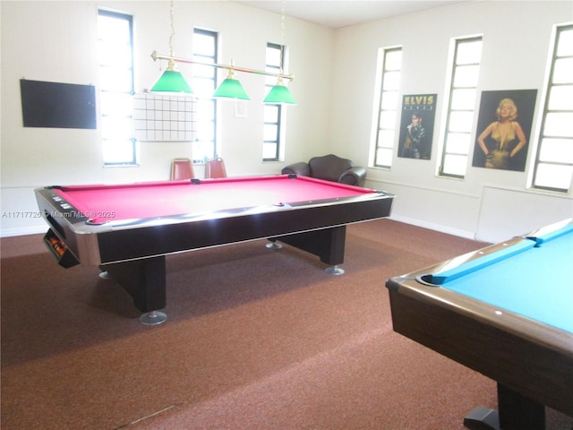 recreation room with carpet flooring and pool table