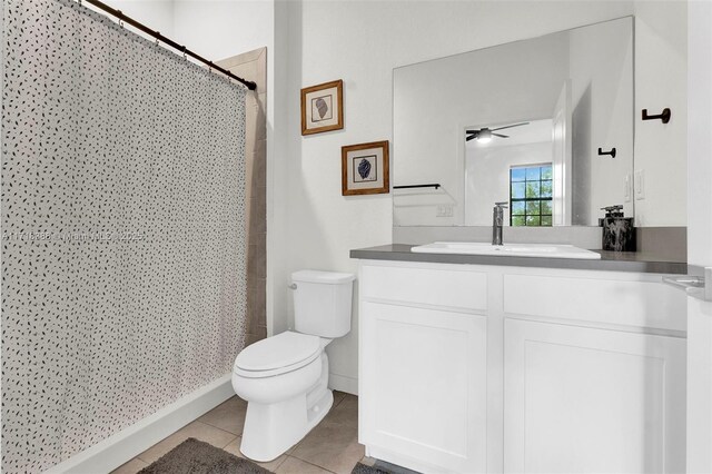 bathroom with vanity, tile patterned floors, ceiling fan, toilet, and walk in shower