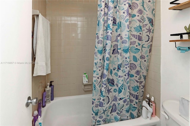 bathroom with toilet and shower / bathtub combination with curtain