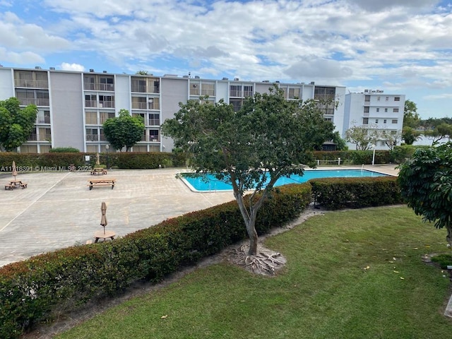 view of swimming pool with a patio area and a yard