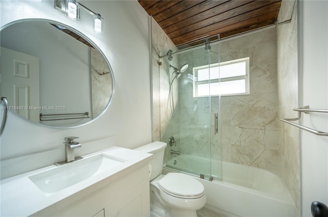 full bathroom featuring enclosed tub / shower combo, vanity, wood ceiling, and toilet