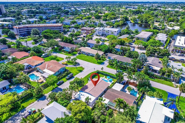 bird's eye view with a water view