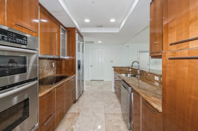 kitchen featuring stone countertops, a raised ceiling, sink, and appliances with stainless steel finishes