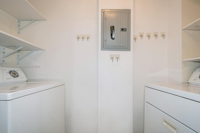 washroom with electric panel and independent washer and dryer