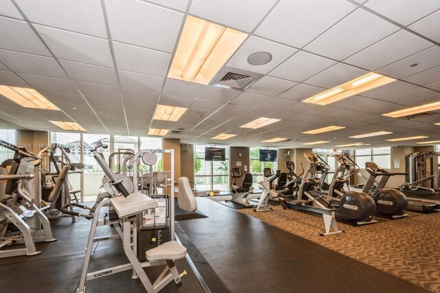 exercise room featuring expansive windows and a drop ceiling