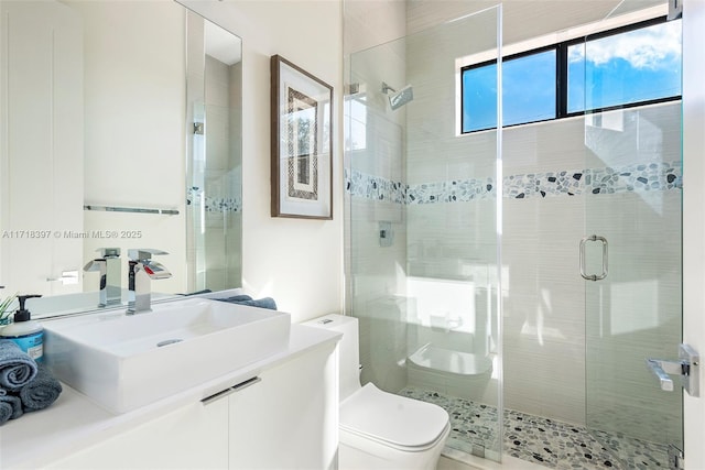 bathroom featuring vanity, toilet, and walk in shower