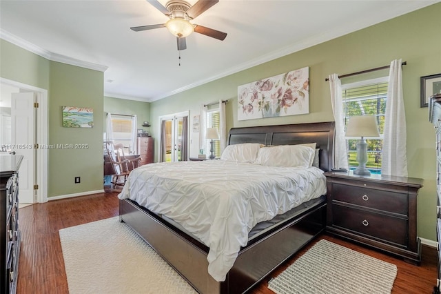 bedroom featuring multiple windows, ornamental molding, dark hardwood / wood-style floors, and ceiling fan