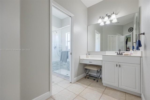 bathroom with vanity, an enclosed shower, and tile patterned floors