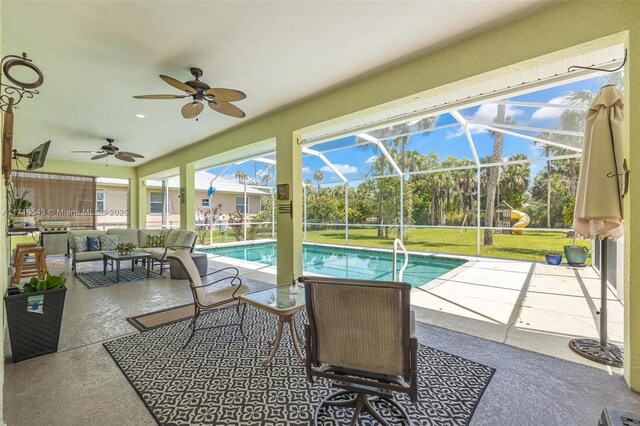 living room featuring vaulted ceiling, ceiling fan with notable chandelier, and light tile patterned flooring