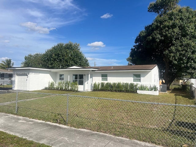 single story home featuring central AC unit and a front yard