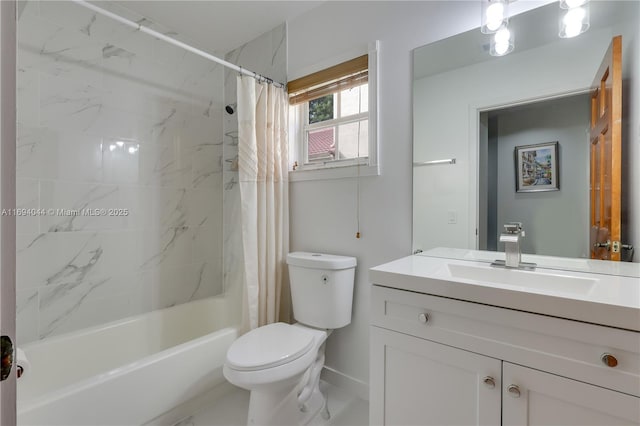 full bathroom featuring shower / bath combination with curtain, vanity, and toilet