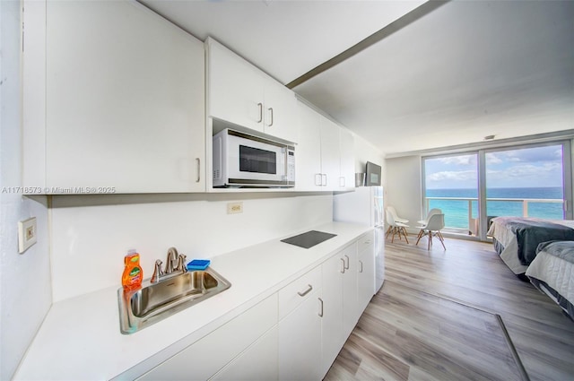 kitchen featuring white cabinets, expansive windows, light wood-type flooring, and sink