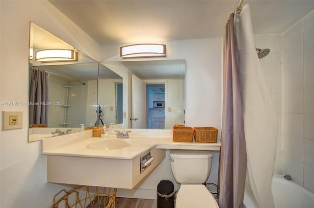 full bathroom with shower / bath combination with curtain, vanity, toilet, and wood-type flooring