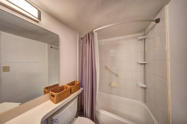 bathroom with toilet and shower / bath combo with shower curtain