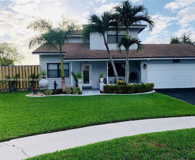 view of front of home featuring a front yard and a garage