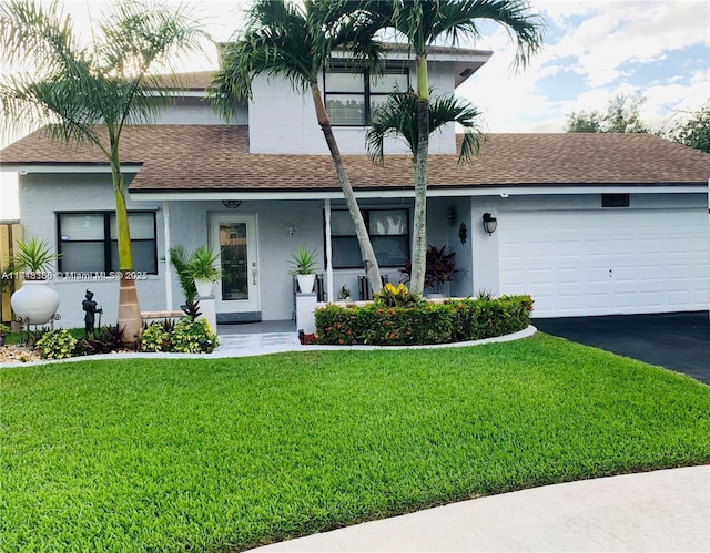 ranch-style house featuring a garage and a front lawn