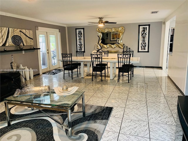 living room with french doors, ceiling fan, and ornamental molding