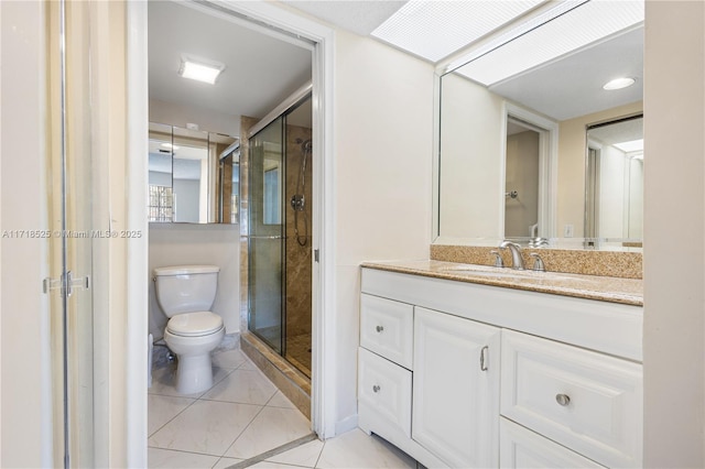 bathroom featuring tile patterned floors, vanity, toilet, and an enclosed shower