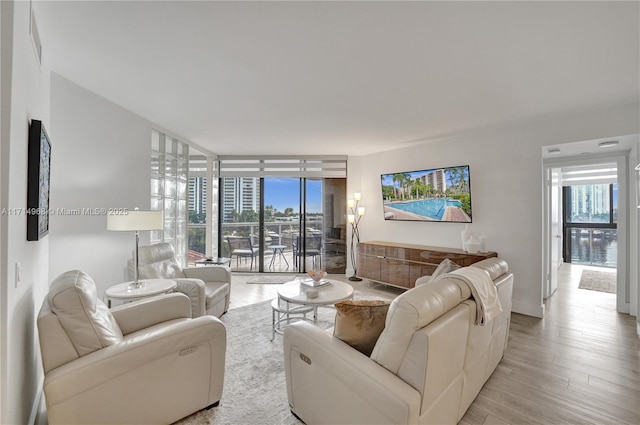 living room featuring expansive windows and light hardwood / wood-style floors