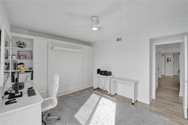 office space with ceiling fan and light hardwood / wood-style flooring