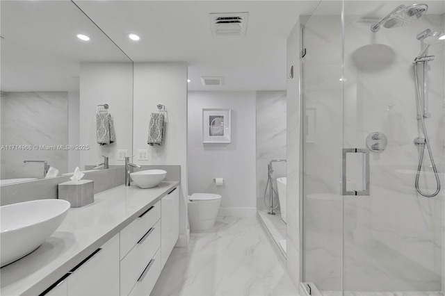 full bathroom featuring separate shower and tub, vanity, and toilet