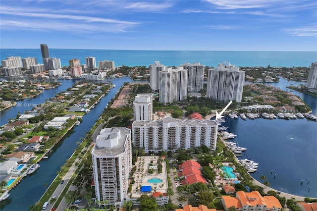 drone / aerial view with a water view