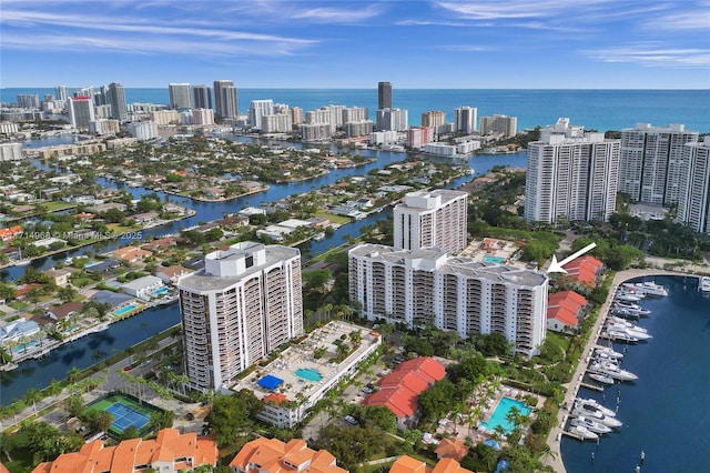 aerial view featuring a water view