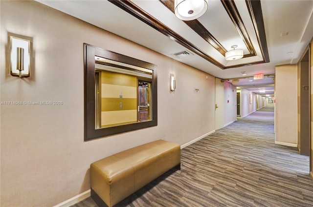 hallway featuring a tray ceiling and carpet