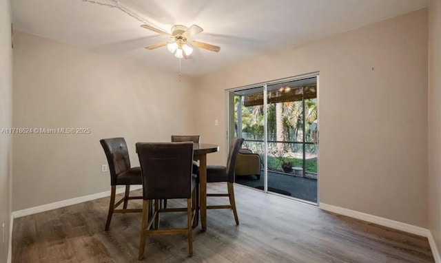 dining room featuring ceiling fan and dark hardwood / wood-style floors