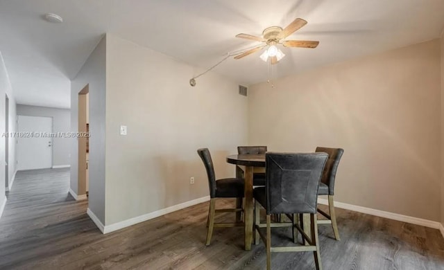 dining space featuring ceiling fan and dark wood-type flooring