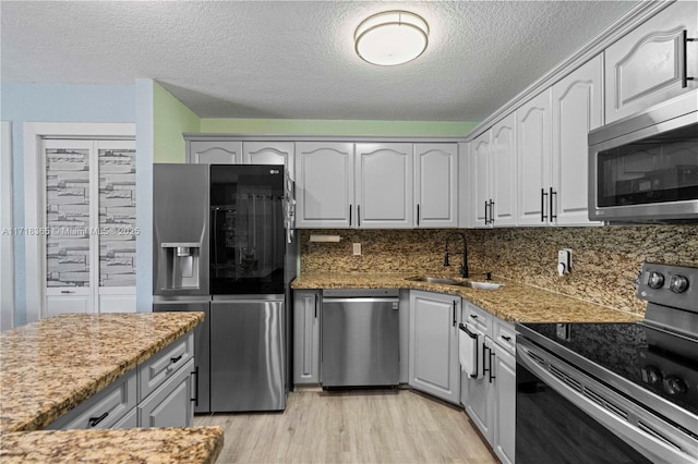 kitchen featuring sink, light hardwood / wood-style flooring, decorative backsplash, a textured ceiling, and stainless steel appliances