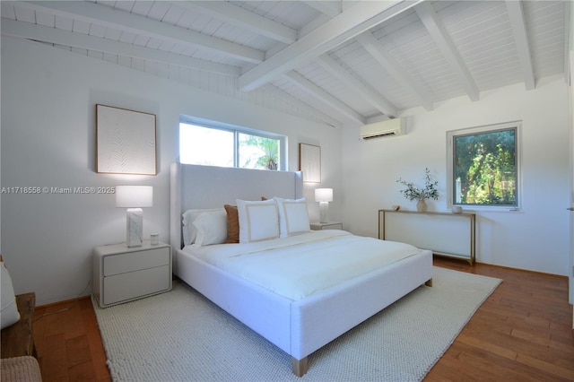 bedroom featuring an AC wall unit, radiator heating unit, lofted ceiling with beams, and hardwood / wood-style flooring