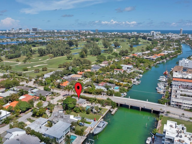 aerial view featuring a water view