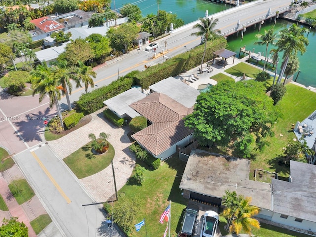 aerial view featuring a water view