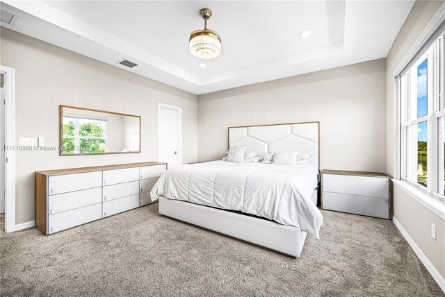 bedroom with multiple windows, light carpet, and a tray ceiling