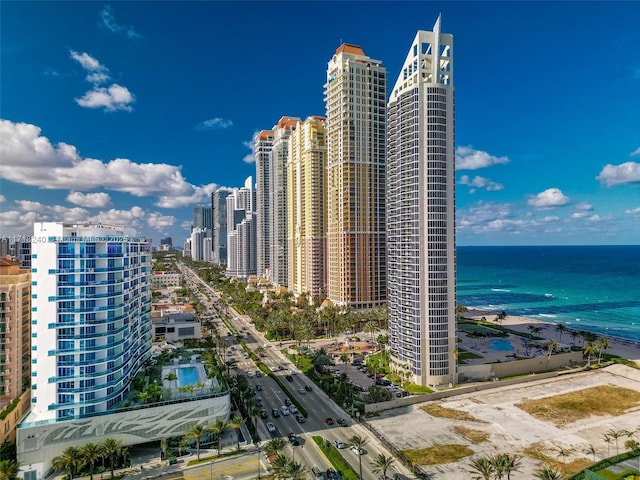 view of property with a water view and a view of the beach