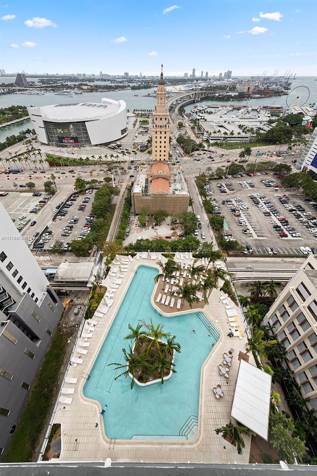 birds eye view of property featuring a water view