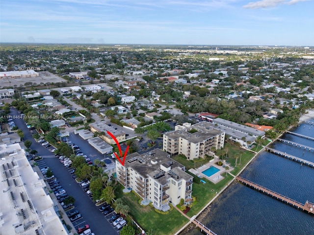 drone / aerial view with a water view