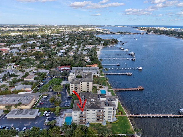 aerial view featuring a water view