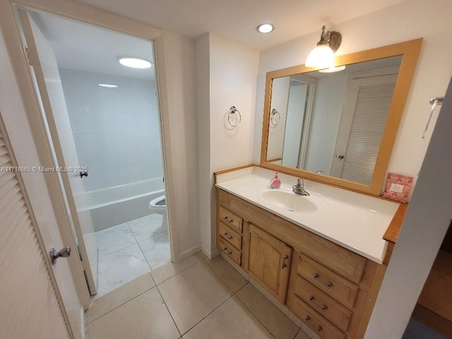 full bathroom with shower / tub combination, vanity, and toilet