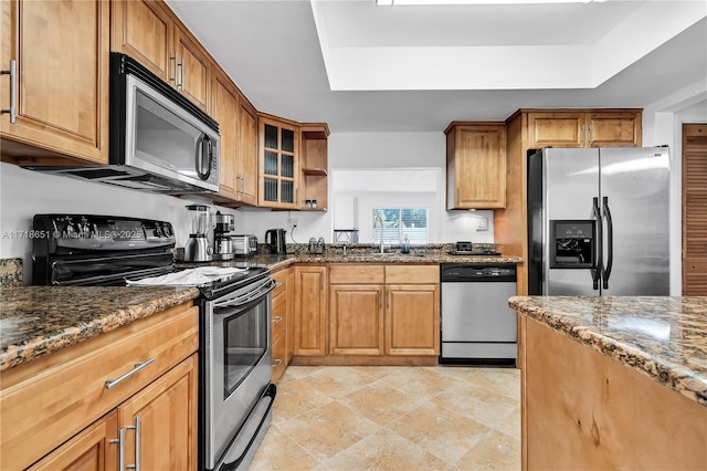 kitchen with sink, a tray ceiling, stainless steel appliances, and dark stone counters