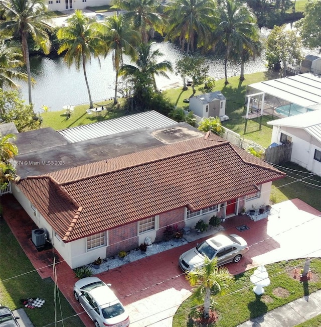 drone / aerial view featuring a water view