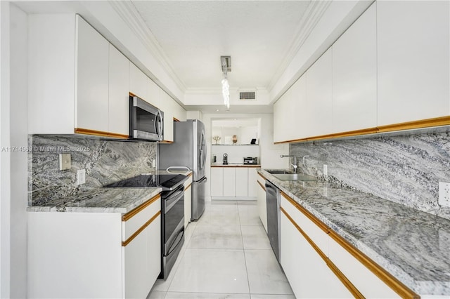 kitchen featuring backsplash, white cabinets, sink, crown molding, and stainless steel appliances