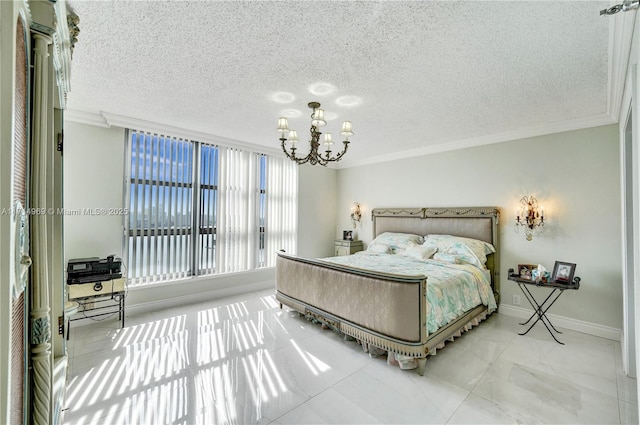 bedroom with an inviting chandelier and ornamental molding