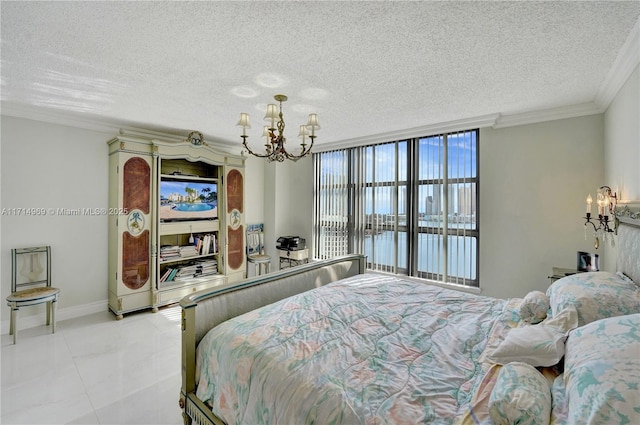 tiled bedroom featuring floor to ceiling windows, a textured ceiling, and ornamental molding