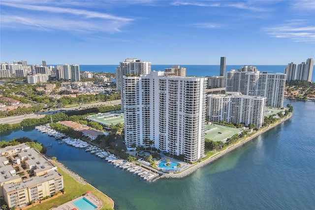 aerial view featuring a water view