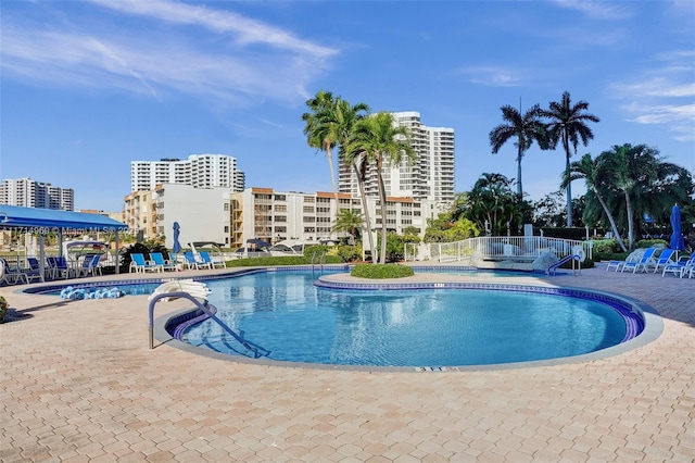 view of swimming pool featuring a patio