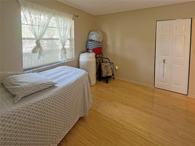 bedroom with a closet and light hardwood / wood-style floors