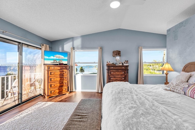 bedroom with hardwood / wood-style flooring, lofted ceiling, a textured ceiling, and multiple windows